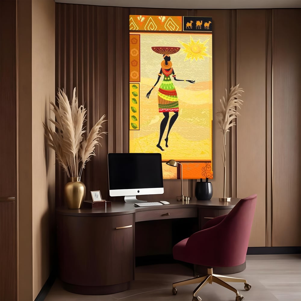 Tablou canvas cu tablou canvas cu silueta feminina african, fara rama, pe sasiu de lemn, pe perete intr-un birou